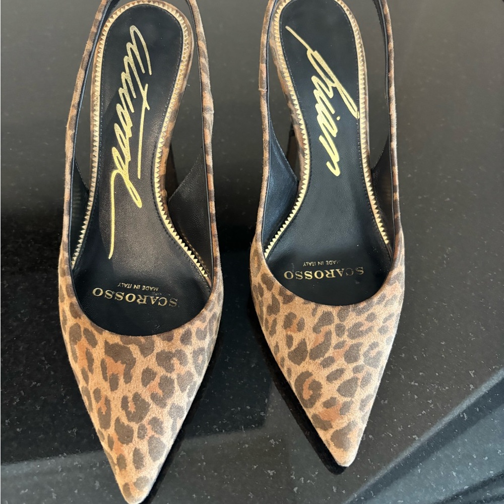 Sarorosso Leopard Print suede Slingback Heels 37.5 heel Height: 3.5”